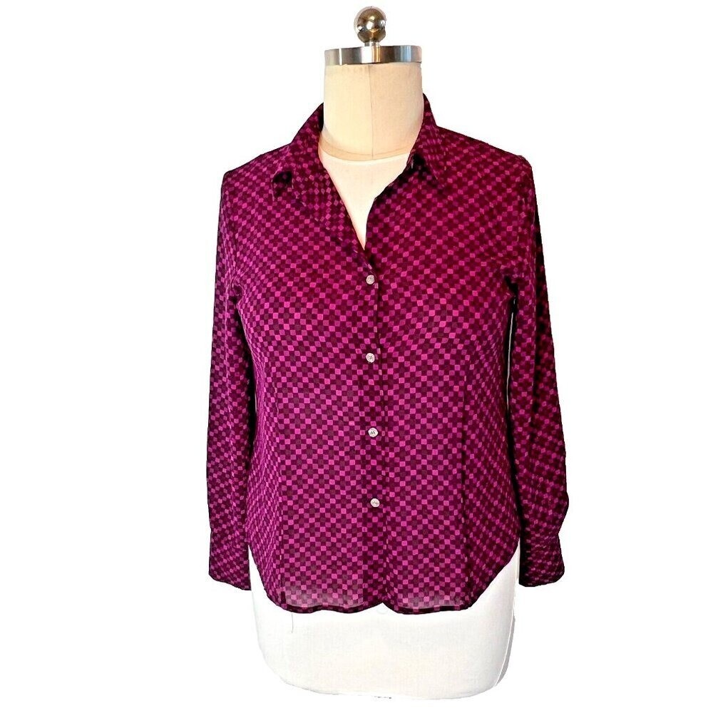 NY & CO - Women's XL Blouse Button Up Black Purple Checked Long Sleeve Chiffon